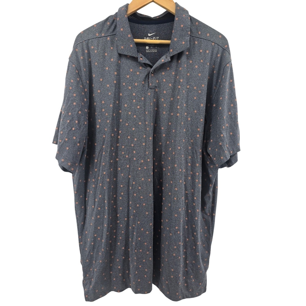 Nike Polo Shirt Mens XL Gray Dri-FIT Standard Fit Floral Print Golf Short Sleeve